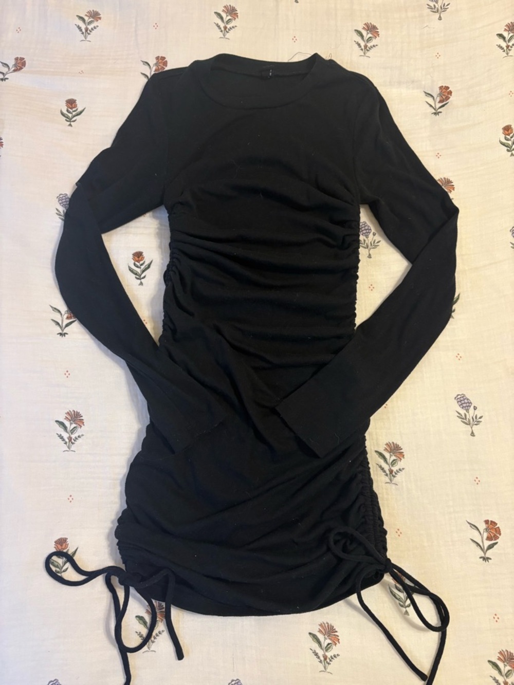 Black Long-Sleeve Ruched Side-Tie Dress